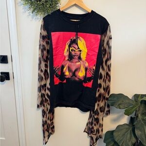 Custom Megan Thee Stallion Concert Tee with Mesh Leopard Print Sleeves